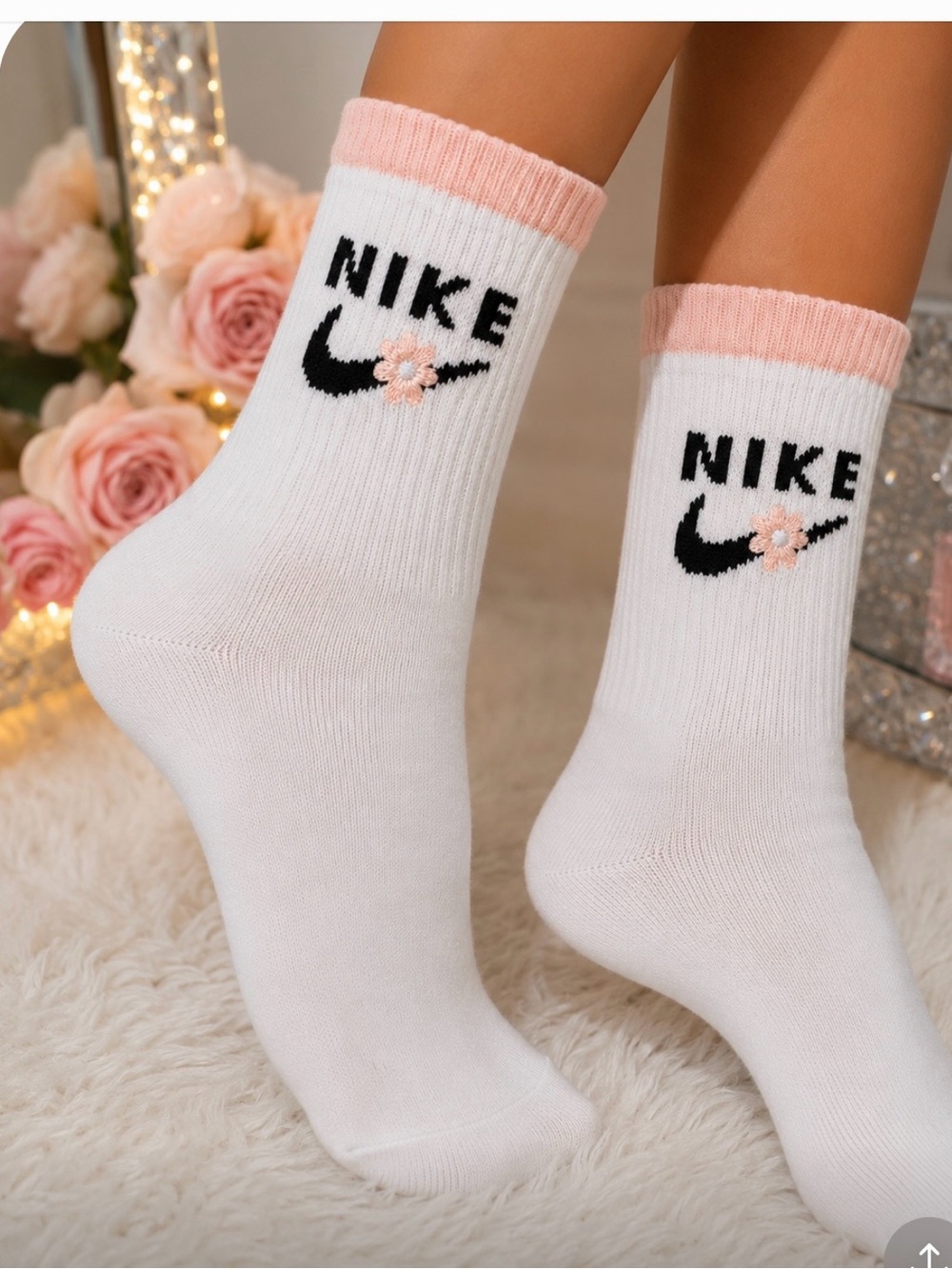🌸 White & Pink Floral Inspired Crew Socks | Embroidered Daisy | Soft Stretch |OS